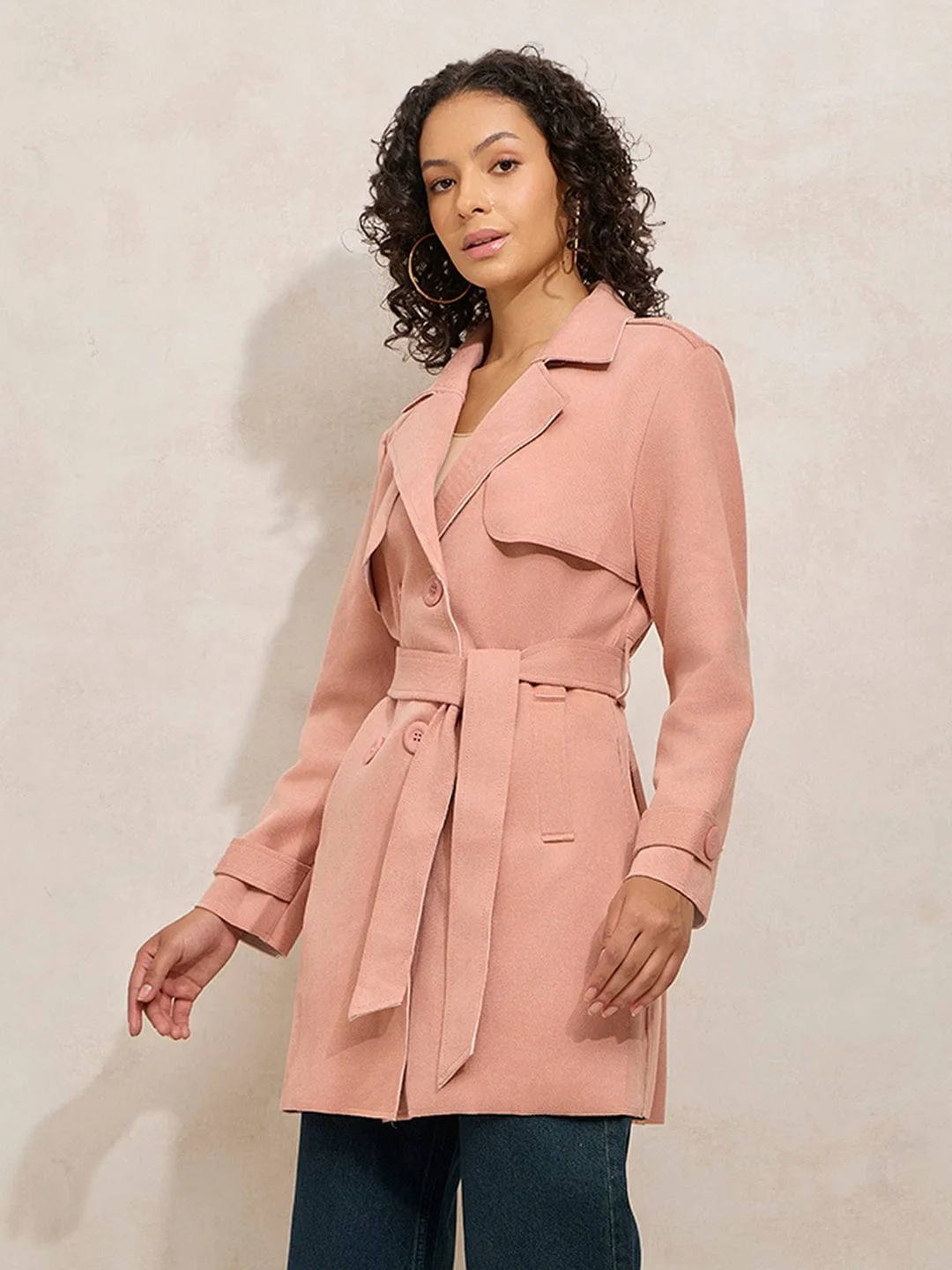 Soft Fleece Lining Friction Resistant Women's Peach Trench Coat with Shoulder Flaps