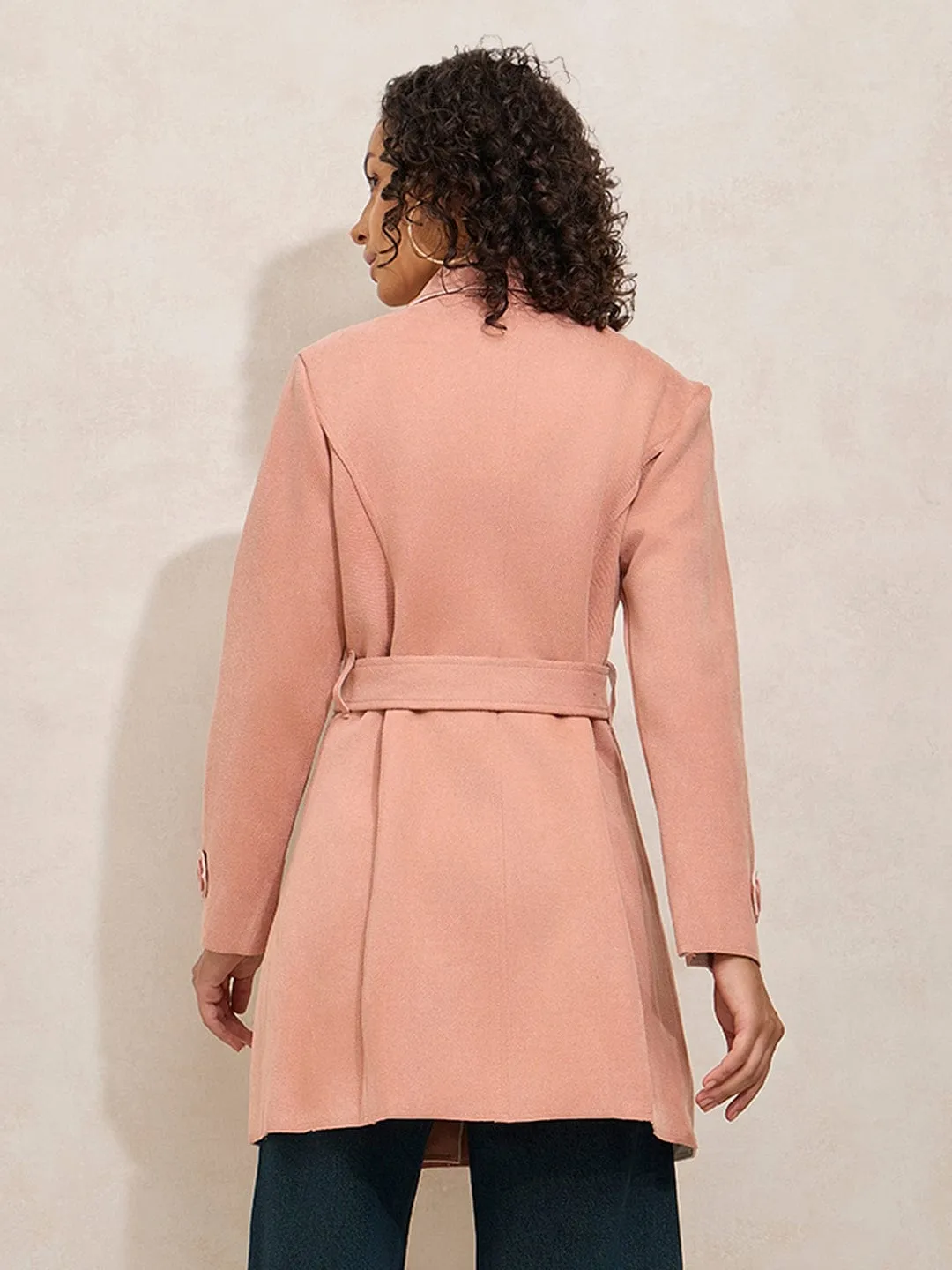 Women's Peach Trench Coat with Shoulder Flaps Durable Corrosion Resistant Zippers