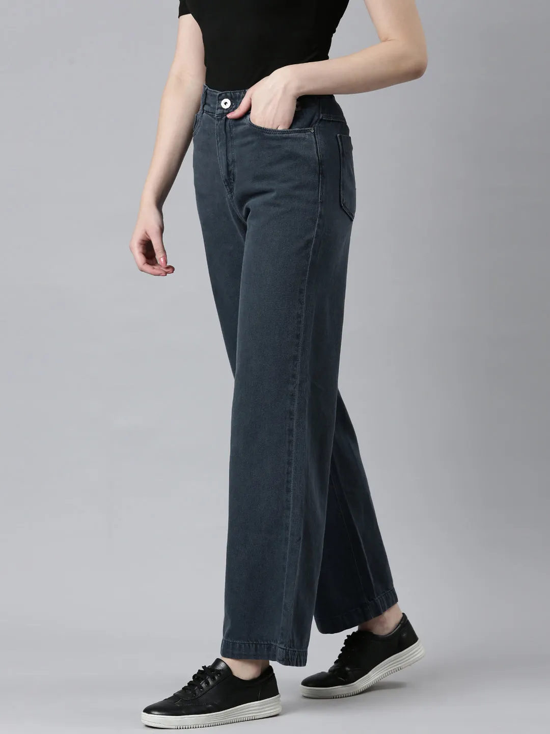 Clean Fashion Seamless Waistband Finish Women's Grey Wide Leg High-Rise Denim Jeans