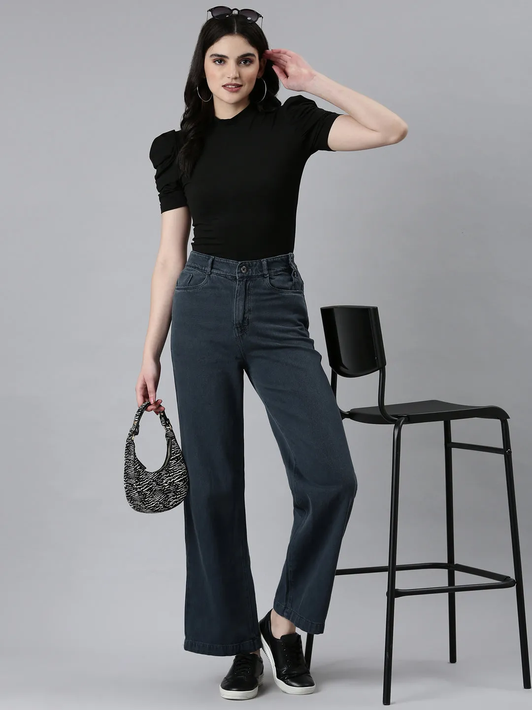 Women's Grey Wide Leg High-Rise Denim Jeans tailored look