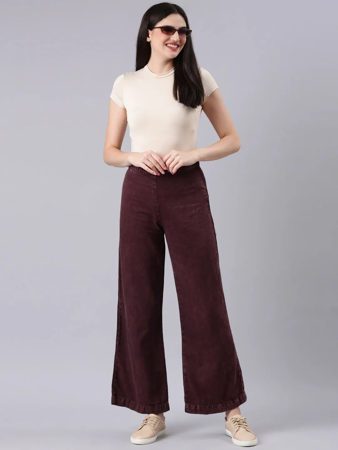 Balanced Fit Women's Burgandy Wide Leg Clean Look Jeans