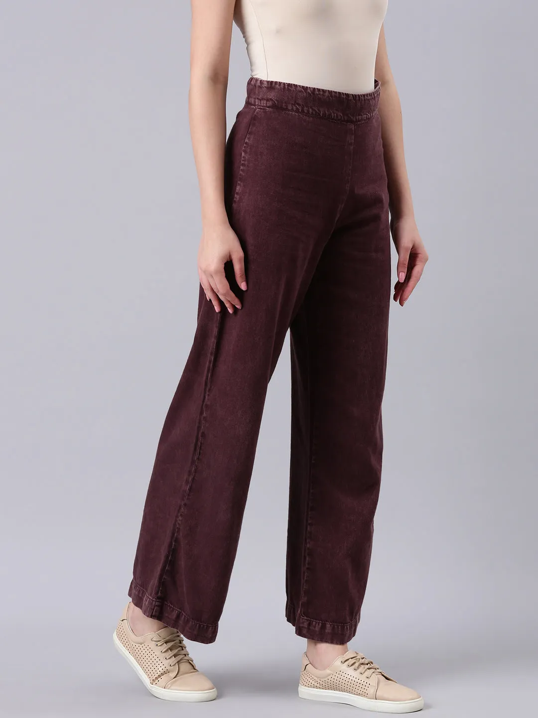 Year Round Women's Burgandy Wide Leg Clean Look Jeans