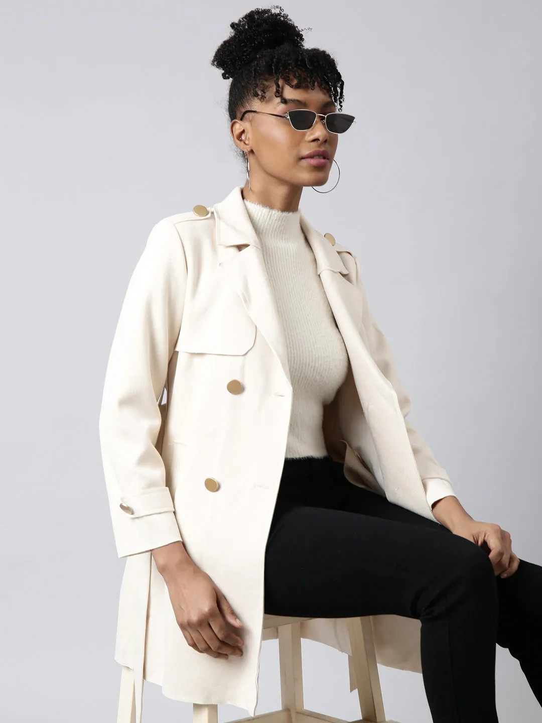 High Loft Insulation Women's Solid Longline Cream Trench Coat