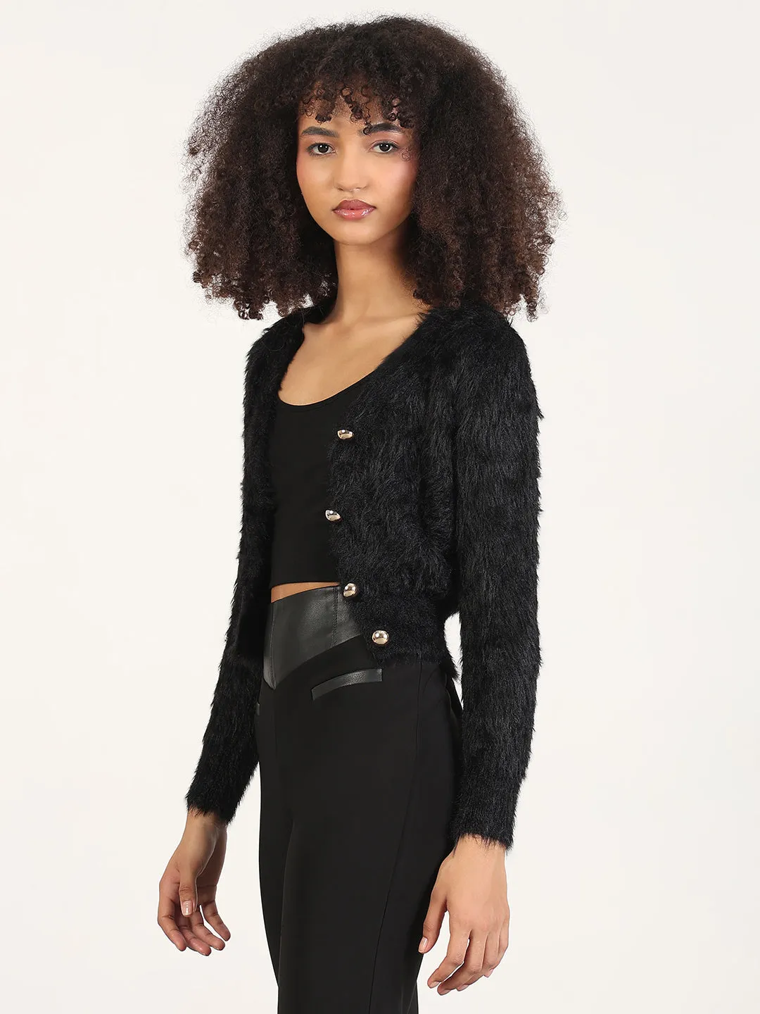 Street Comfort Women's Black Solid V-Neck Crop Shrug