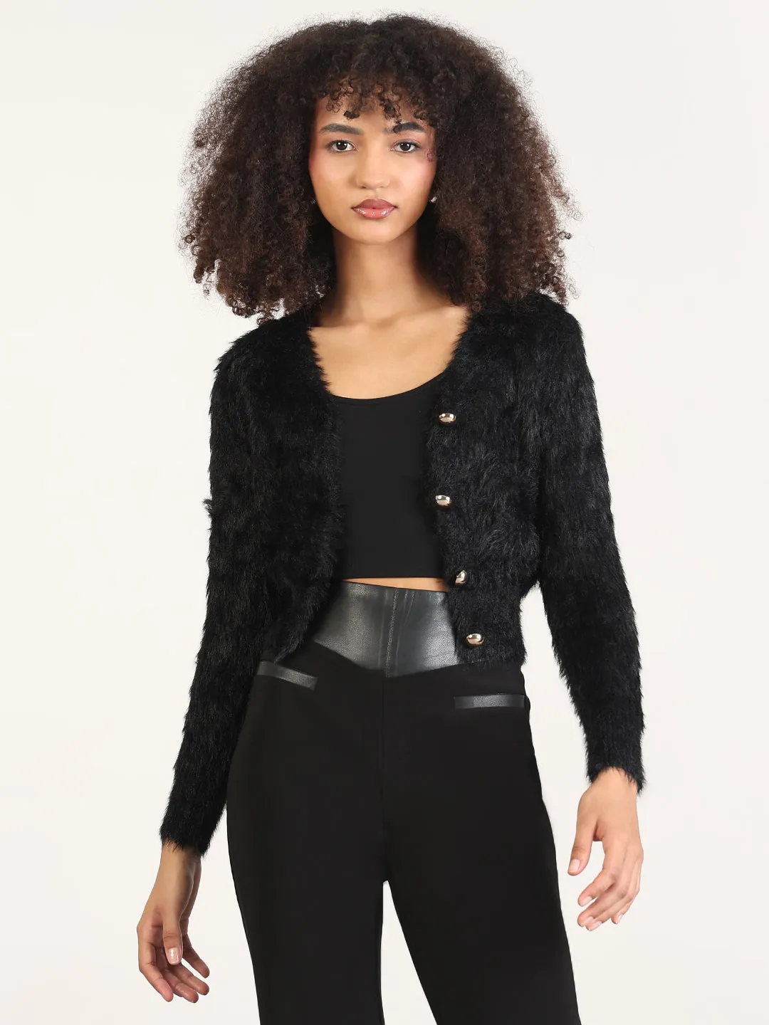 Year Round Women's Black Solid V-Neck Crop Shrug