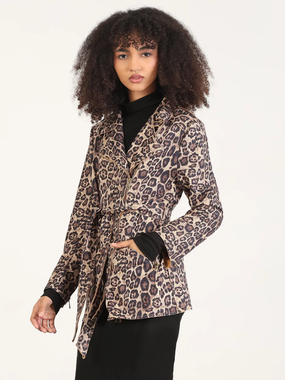 Everyday Urban Style Hooded styles Women's Animal Print Beige Lapel Collar Trench Coat with Fabric Belt And Zipped Cuff