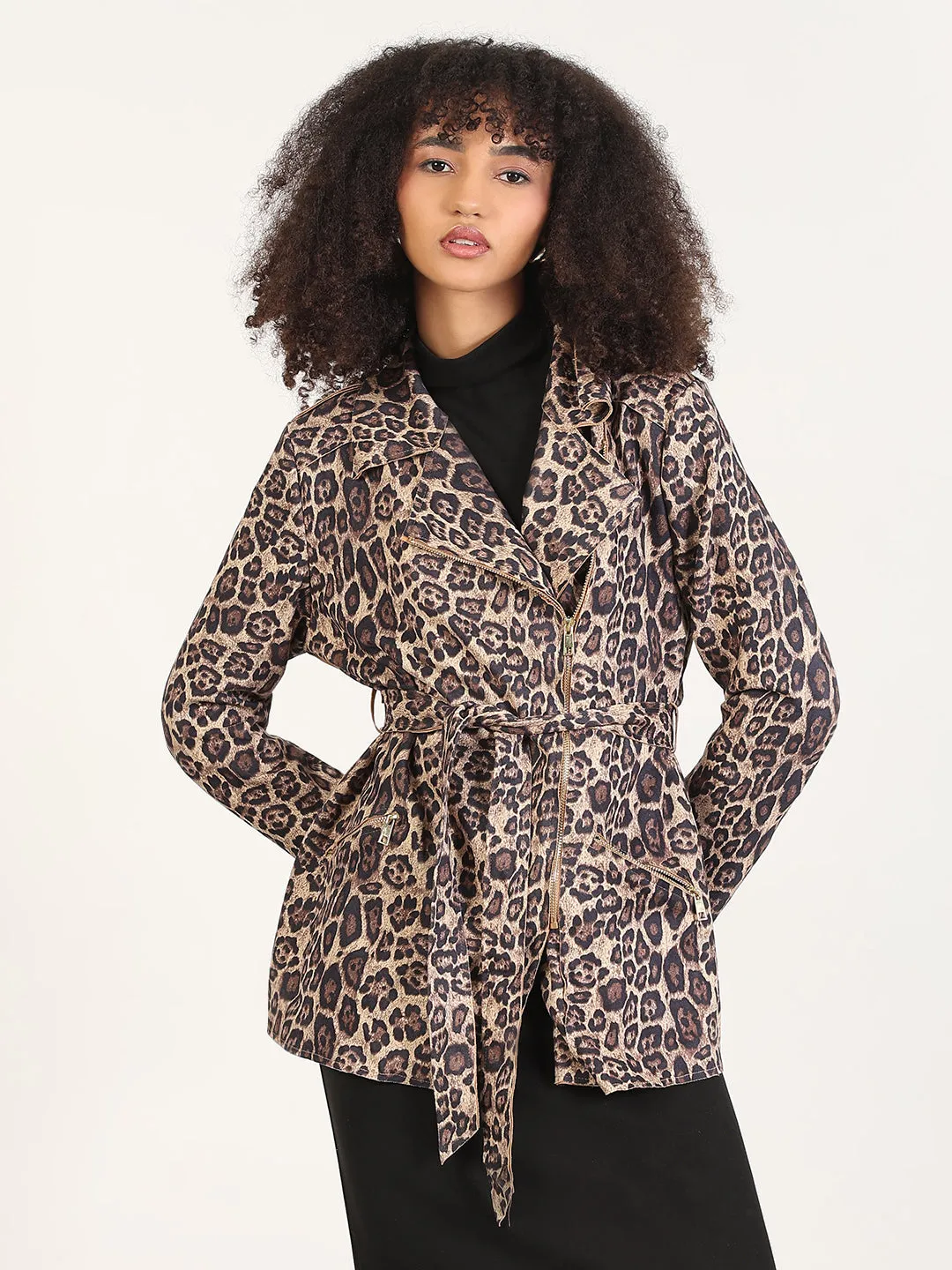 Moisture Wicking Fabric Waterproof Shell Women's Animal Print Beige Lapel Collar Trench Coat with Fabric Belt And Zipped Cuff