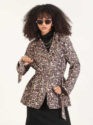 Women's Animal Print Beige Lapel Collar Trench Coat with Fabric Belt And Zipped Cuff Ultra Lightweight Design