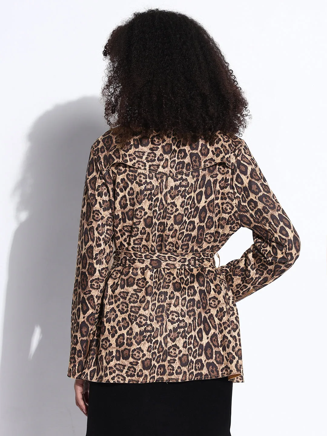 AbrasionResistantSurface Stretch Material Women's Animal Print Beige Lapel Collar Trench Coat with Fabric Belt And Zipped Cuff