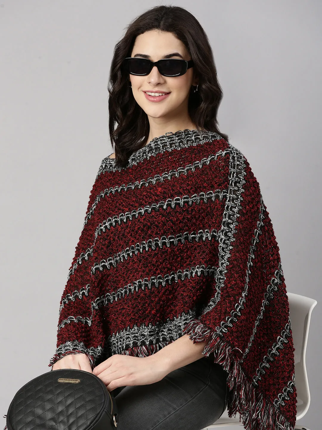 Women's Striped Maroon Poncho Flatlock stitching Durable Blends