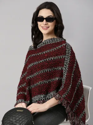Women's Striped Maroon Poncho Flatlock stitching Durable Blends