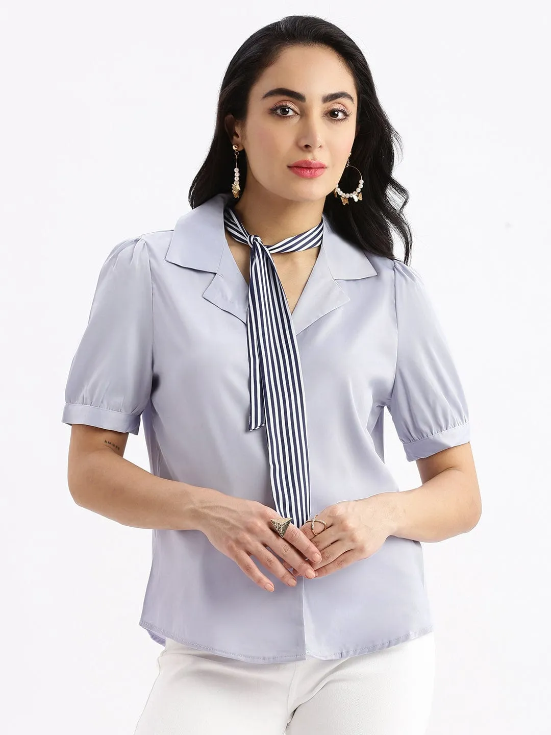 Double Stitched Hem Women's Lavender Standard Slim Fit Opaque Striped Casual Shirt