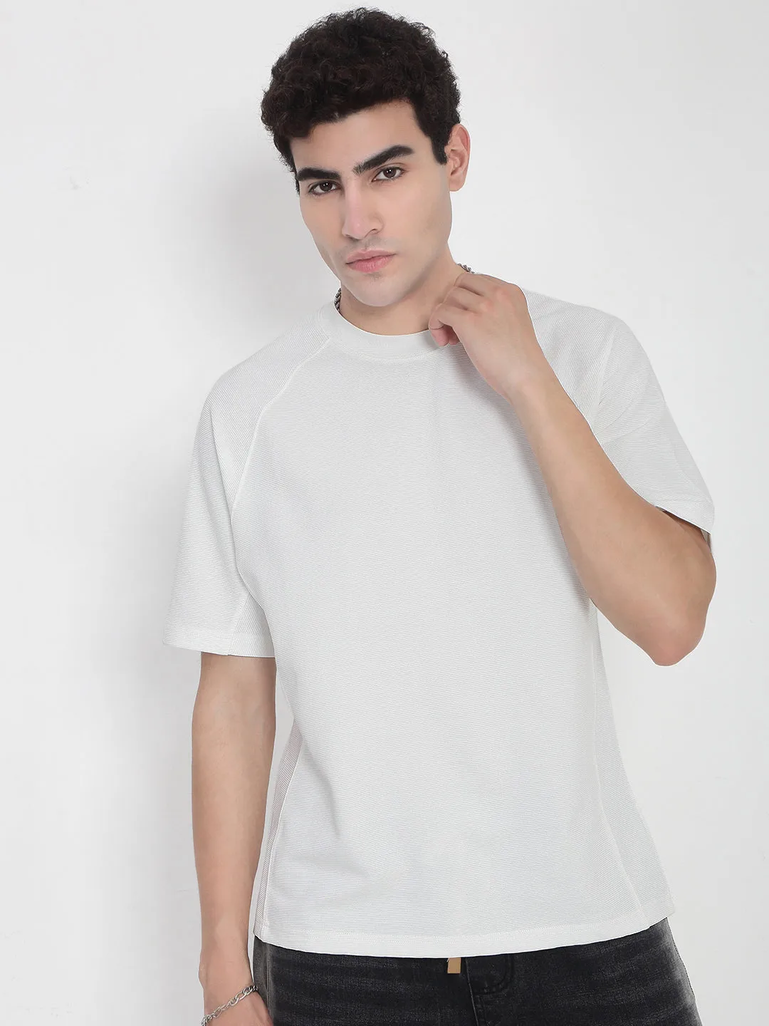 Men's White Relaxed Fit T-Shirt Layered Neckline Cozy Style