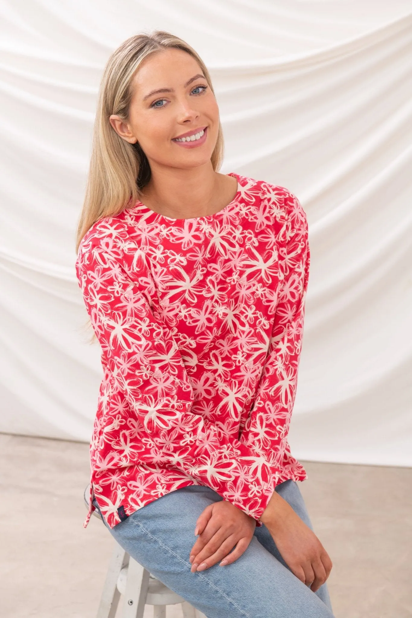 Causeway Breton Top - Raspberry Floral monochromatic
