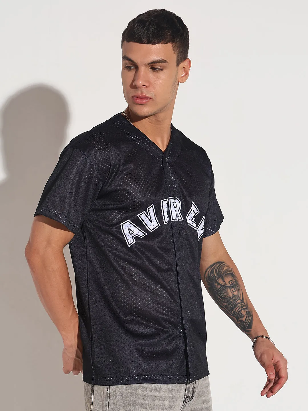 Low Impact Processing Men's Textured Black Mesh Baseball Jersey T-Shirt