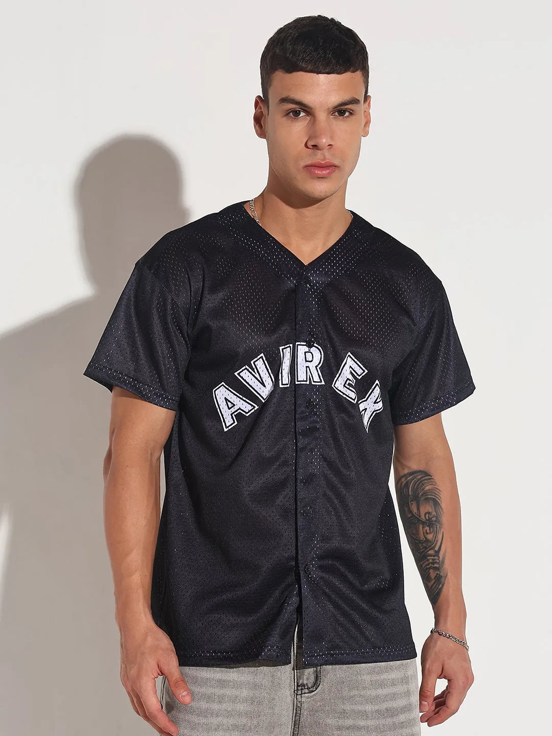 Men's Textured Black Mesh Baseball Jersey T-Shirt Stylish Layer Look