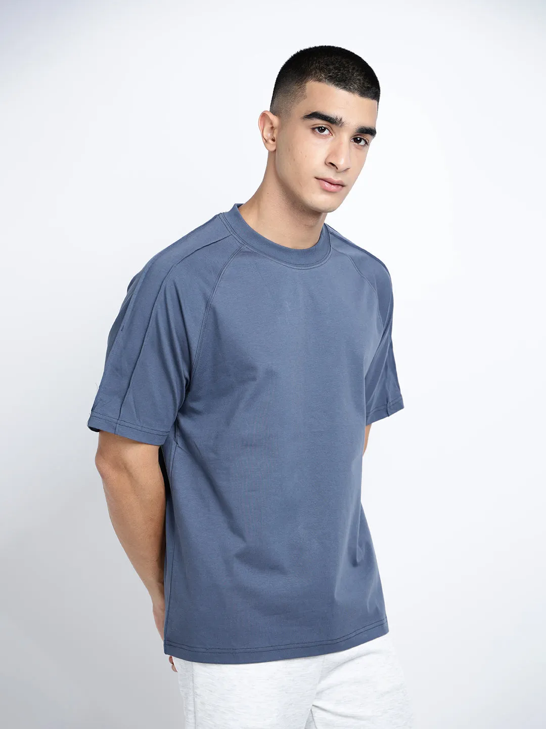 Minimal Design Layer Ready Fit Men's Blue Short Sleeves Round Neck Oversized T-Shirt