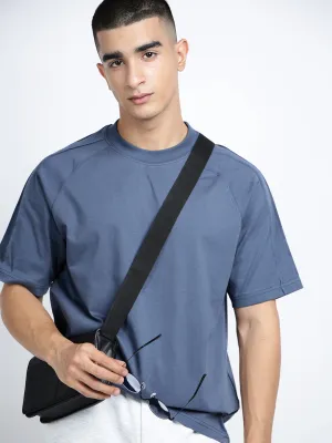 Men's Blue Short Sleeves Round Neck Oversized T-Shirt Stretchable Fabric
