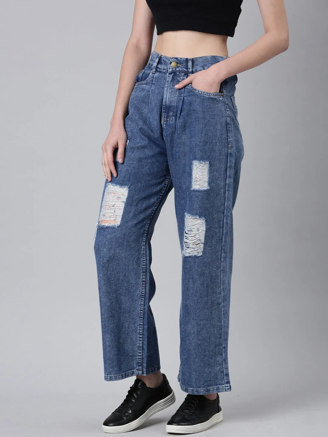 Women's Blue Solid Wide Leg Acid Wash Denim Jeans Easy Outfit