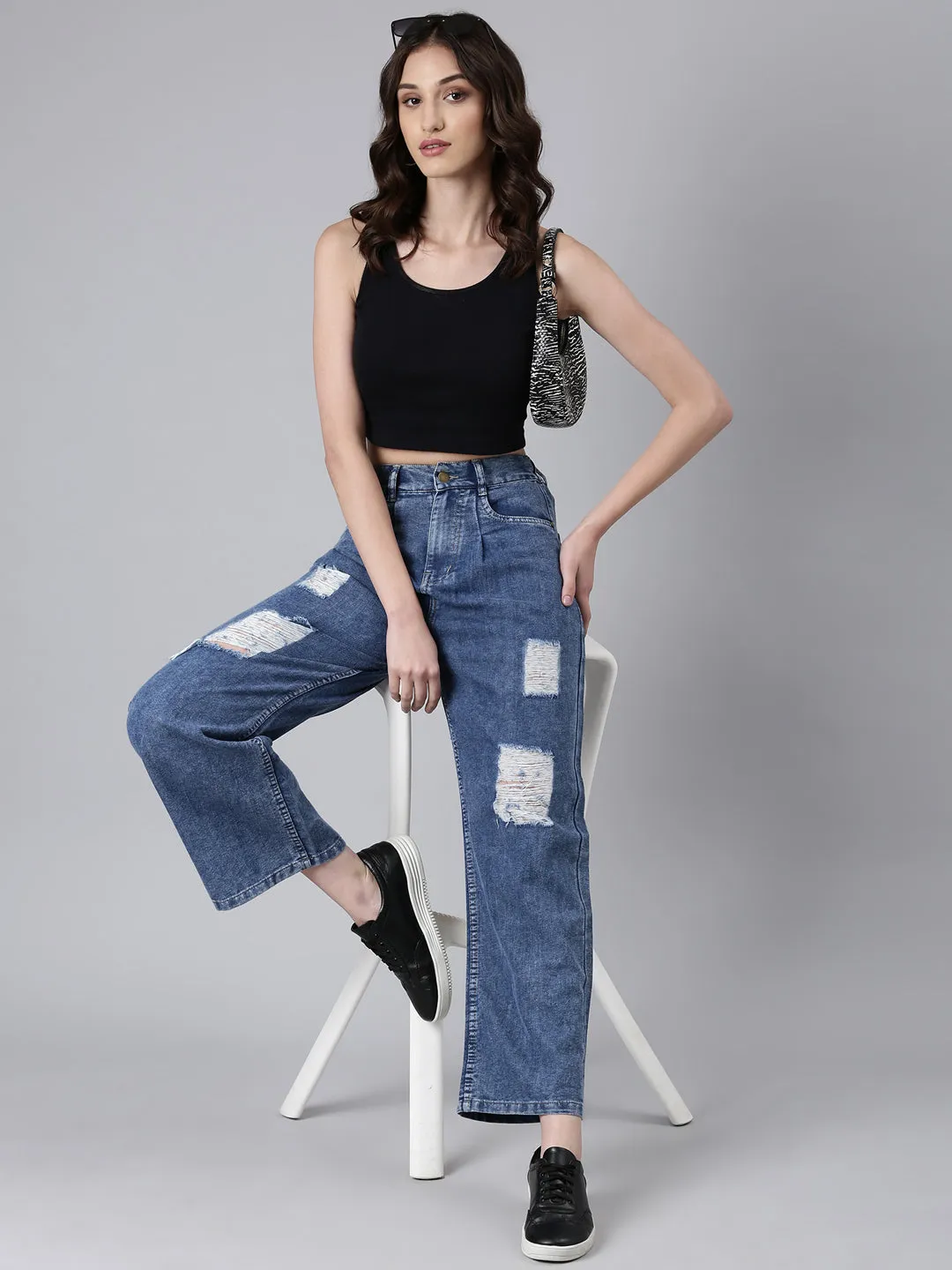 Eco Friendly Lightweight Modern Women's Blue Solid Wide Leg Acid Wash Denim Jeans