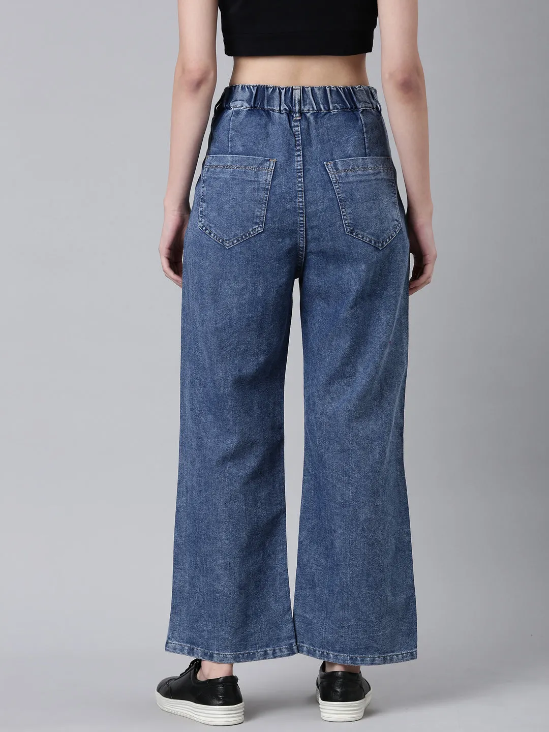 Riveted Stress Points Women's Blue Solid Wide Leg Acid Wash Denim Jeans