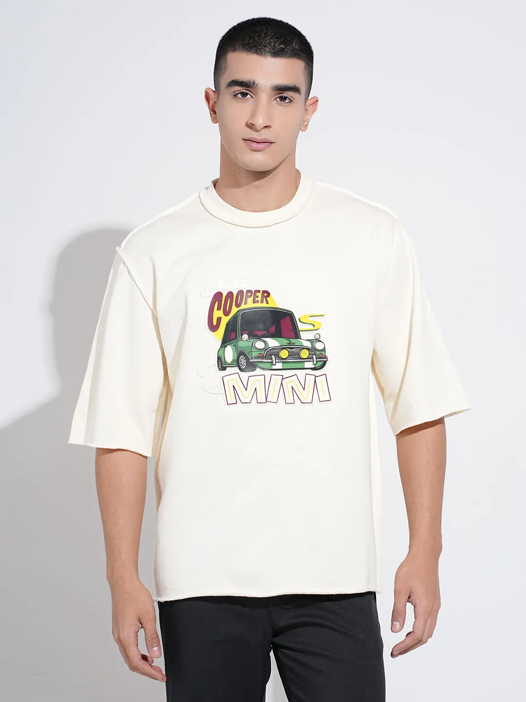 Men's Graphic Print Cream Round Neck Oversized T-Shirt Elegant