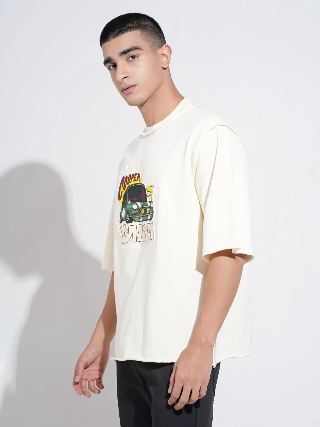 Men's Graphic Print Cream Round Neck Oversized T-Shirt Minimalist Wear