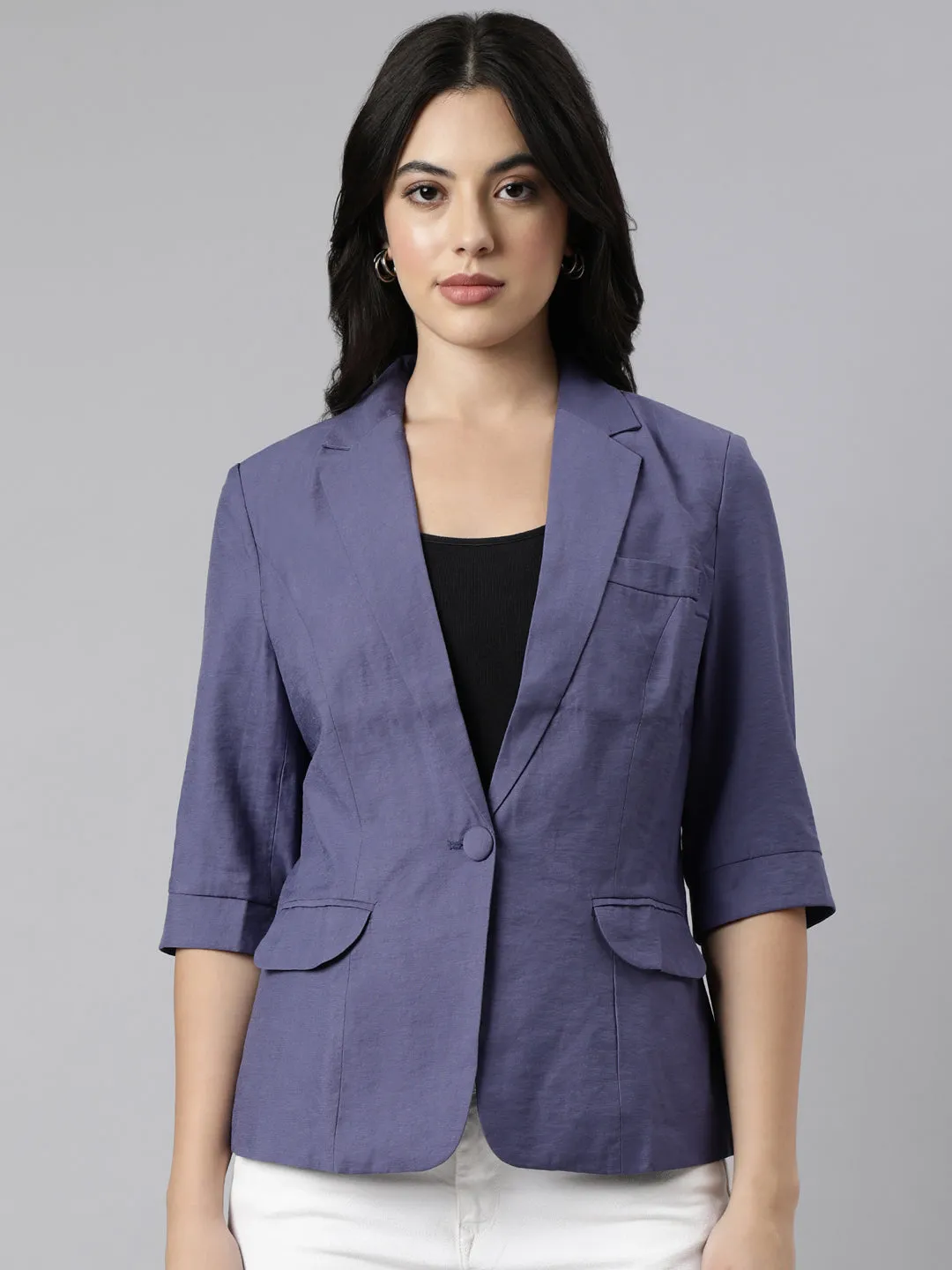 Women's Violet Notched Lapel Collar Single Breasted Slim-Fit Blazer WaterRepellent Finish Fleece Inside