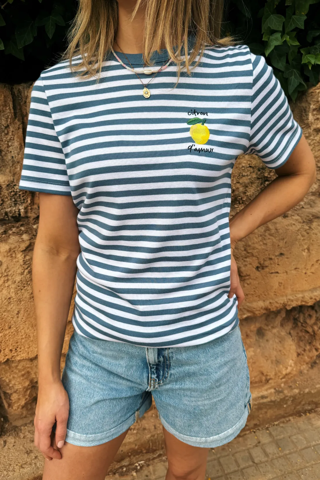 O&F Lemon Embroidered Short Sleeve Breton Tee Chilly Style
