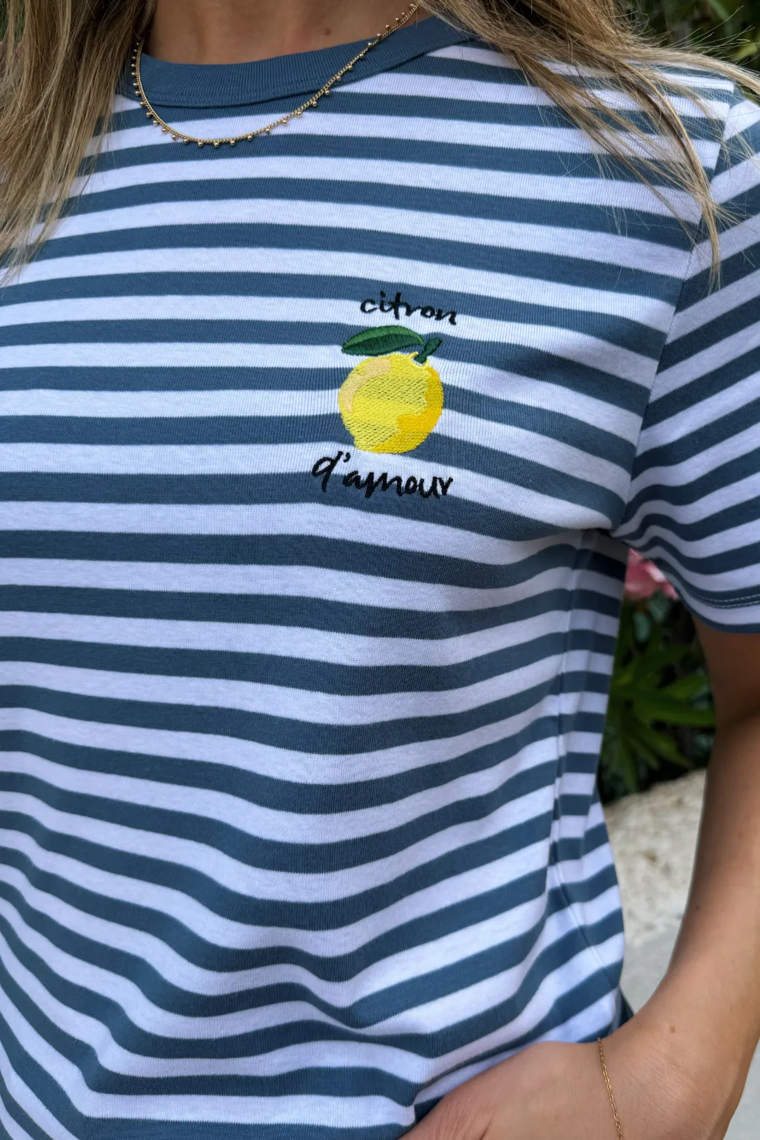 Sleek Comfort O&F Lemon Embroidered Short Sleeve Breton Tee