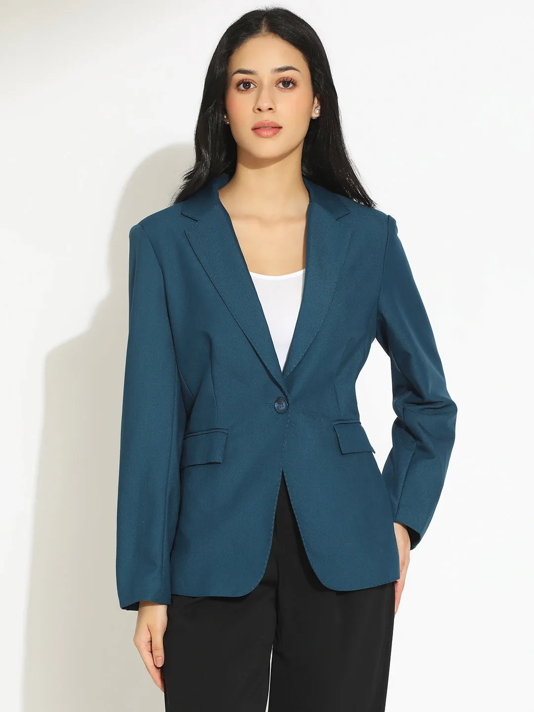 Women's Teal Single-Breasted Blazer with Notch Lapel Easy Movement Cut