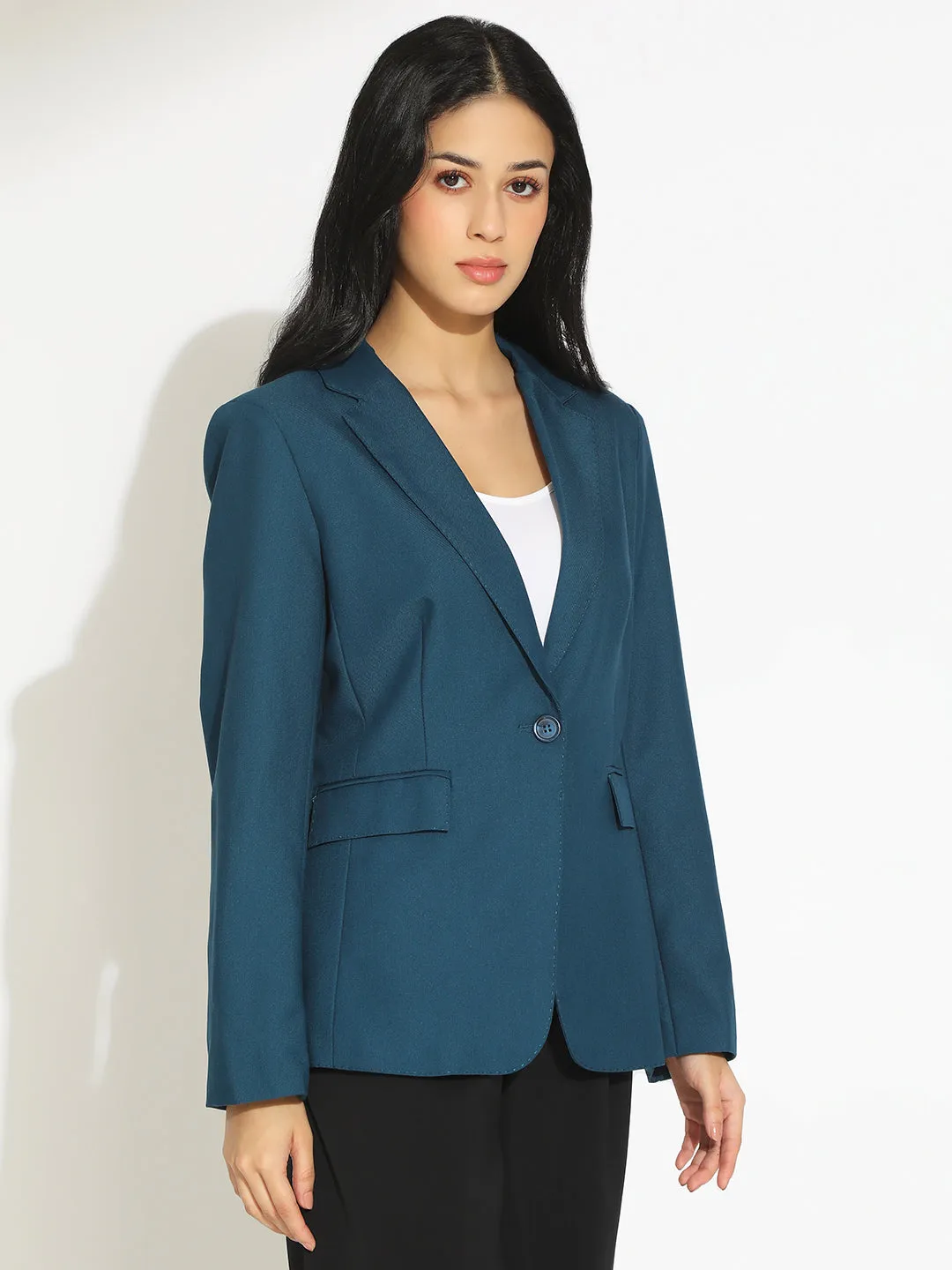 Women's Teal Single-Breasted Blazer with Notch Lapel Polished Look Non Restrictive Mobility