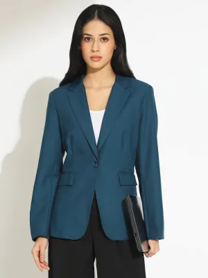 Women's Teal Single-Breasted Blazer with Notch Lapel Hypoallergenic Textile Everyday Urban Style