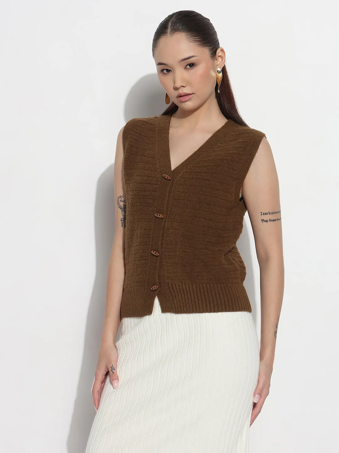 Smart Casual Outdoor Comforted Women's Brown V-Neck Sleeveless Knitted Top with Button Detail
