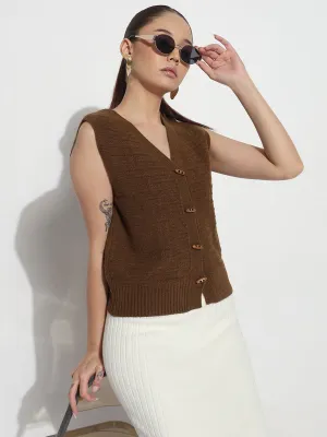 Women's Brown V-Neck Sleeveless Knitted Top with Button Detail Weight Distribution Tech Breathable Lining
