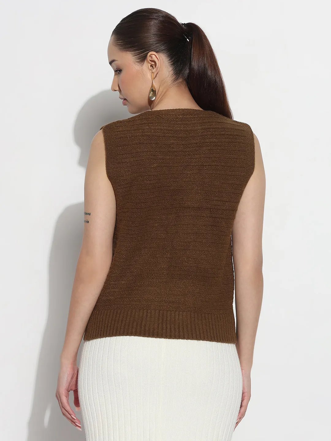 Women's Brown V-Neck Sleeveless Knitted Top with Button Detail Loopwheel Construction