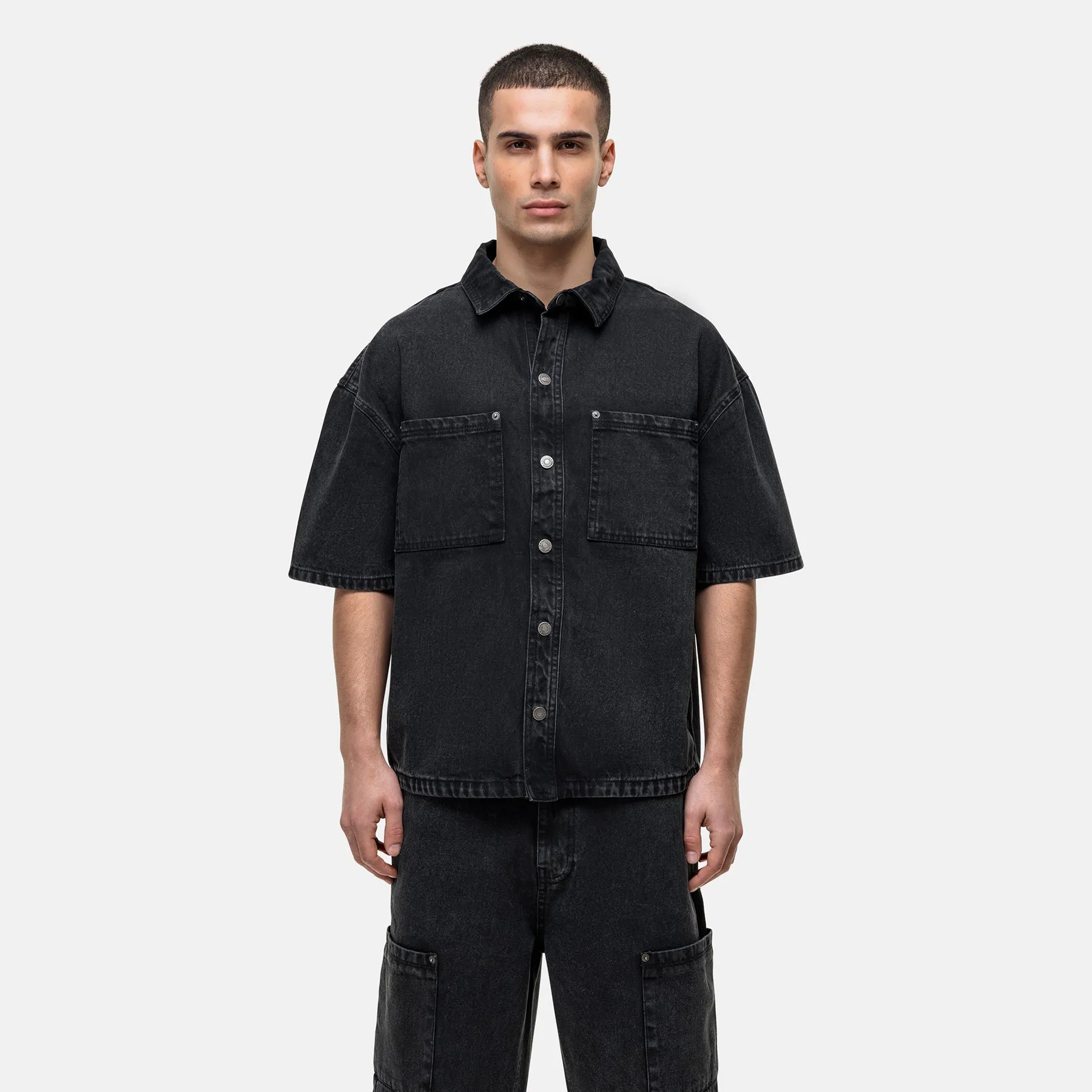 Tear Resistant Panels Washed Black Denim Overshirt