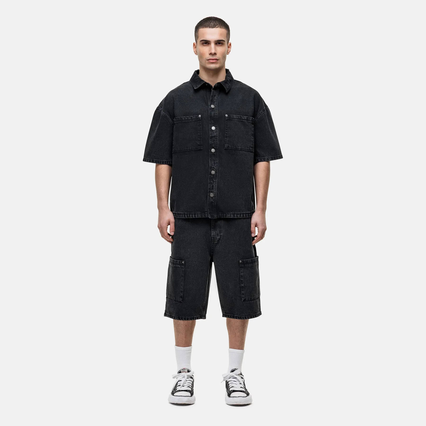 Washed Black Denim Overshirt Quick Release Buckles Eco Friendly Textile