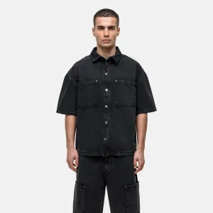 Tear Resistant Panels Washed Black Denim Overshirt