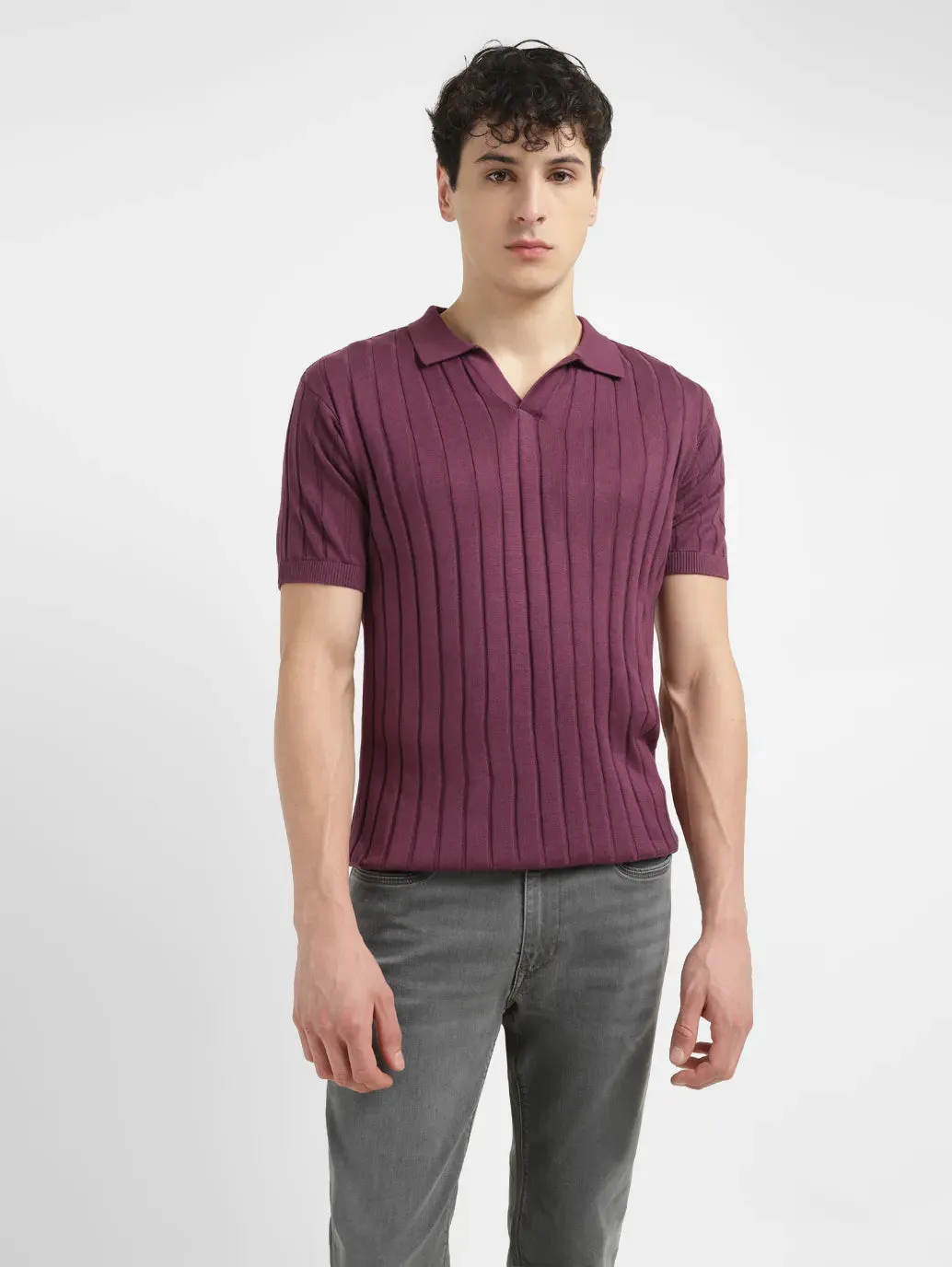 Men's Redloop Striped Purple Polo Collar Sweater Brushed Inner Lining Jacquard Pattern