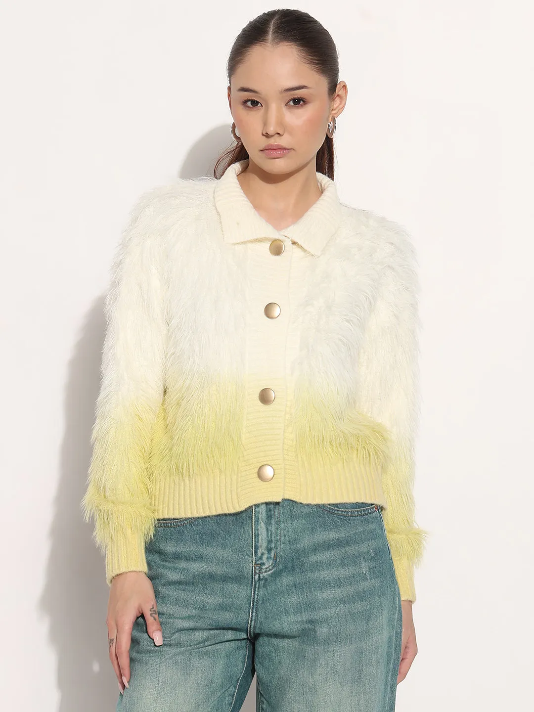 Women's Ribbed Ombre Yellow Shirt Collar Cardigan with Button Detail Compact Knit Technique Odor Resistant Blend