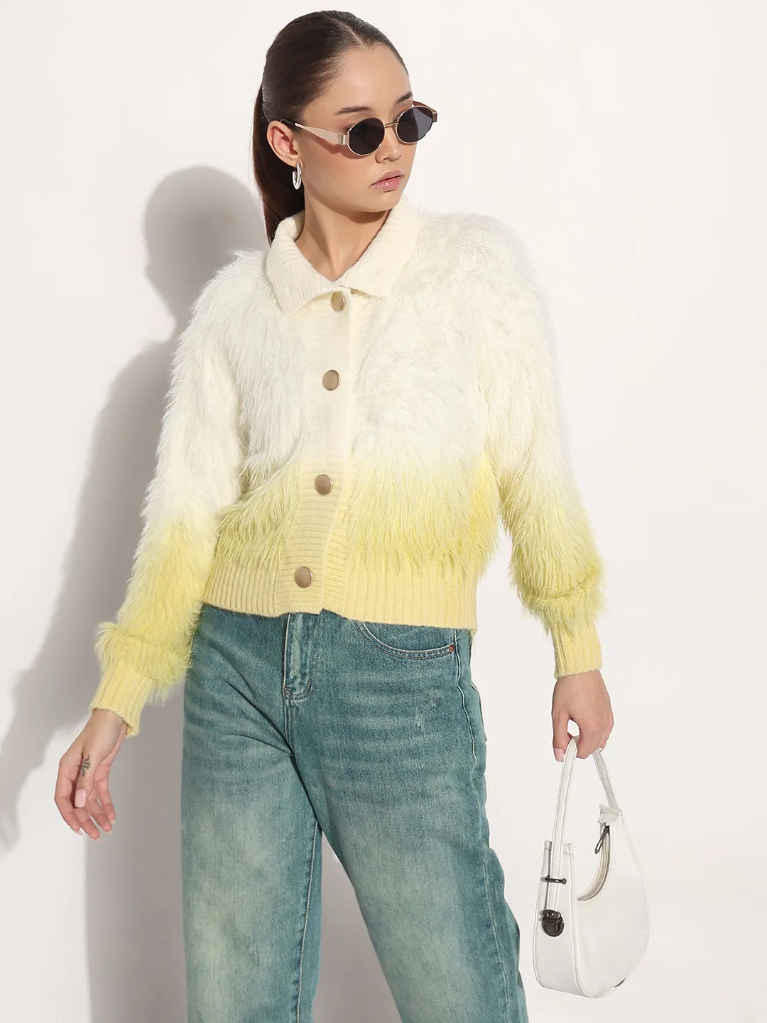 Women's Ribbed Ombre Yellow Shirt Collar Cardigan with Button Detail Natural Fiber Composition Colorfast Technology