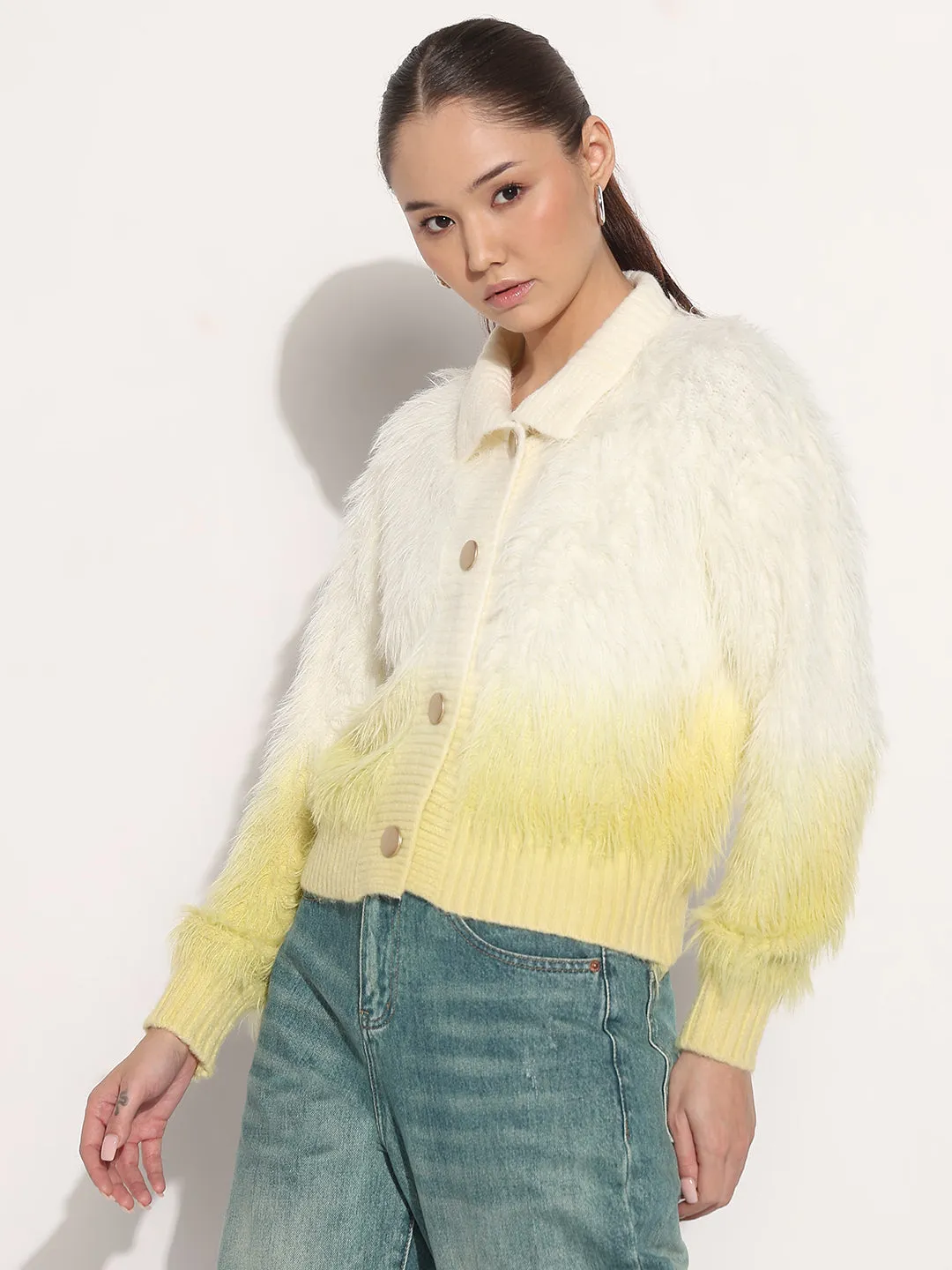 Women's Ribbed Ombre Yellow Shirt Collar Cardigan with Button Detail HighDensity Knit Anytime Fit