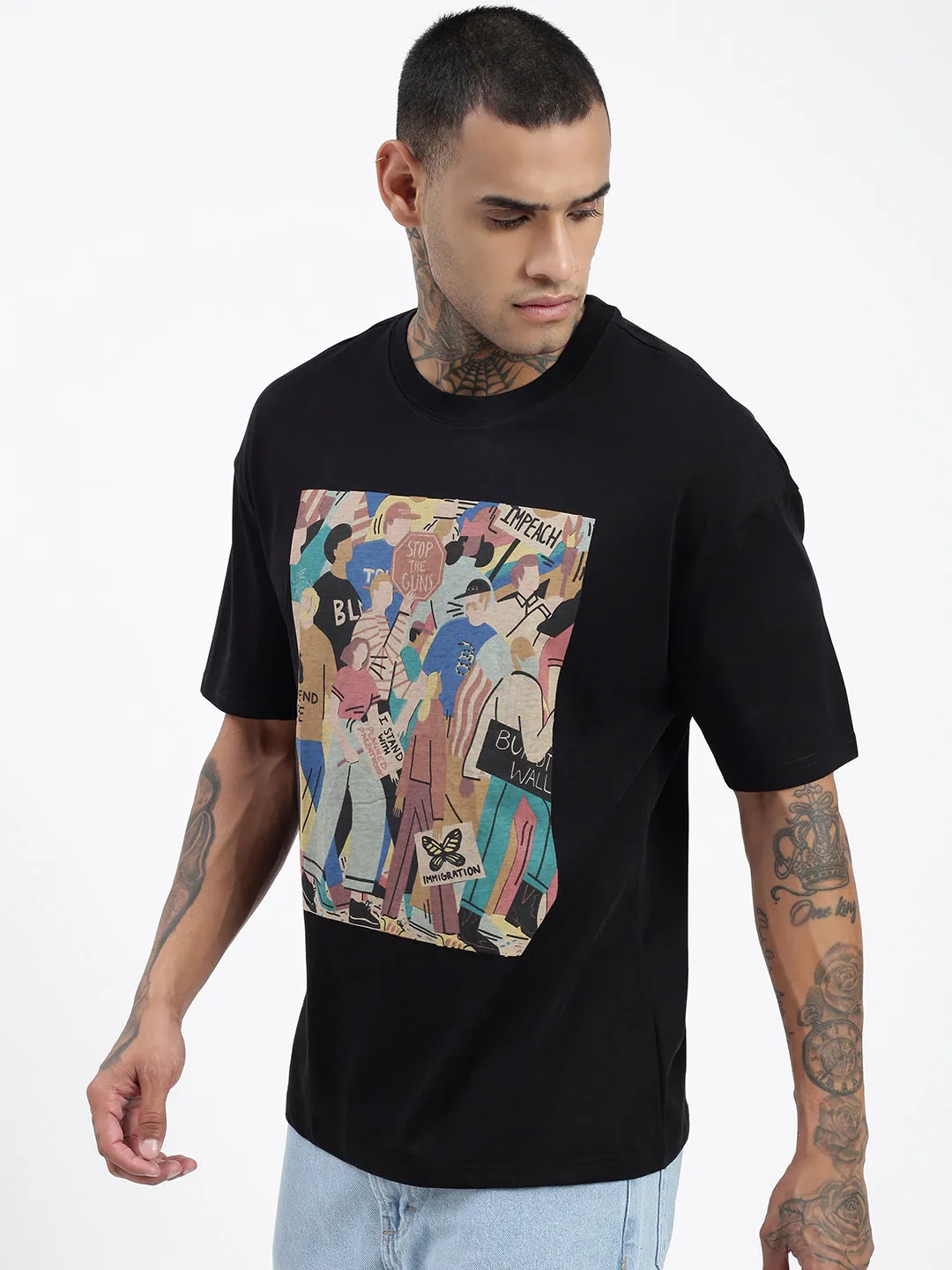 Chic Outfit Simple Comfort Men's Graphic Black Cotton Relaxed Fit T-Shirt