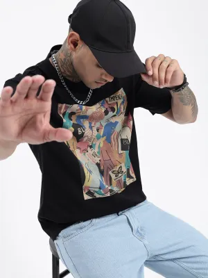 Casual Mode Men's Graphic Black Cotton Relaxed Fit T-Shirt