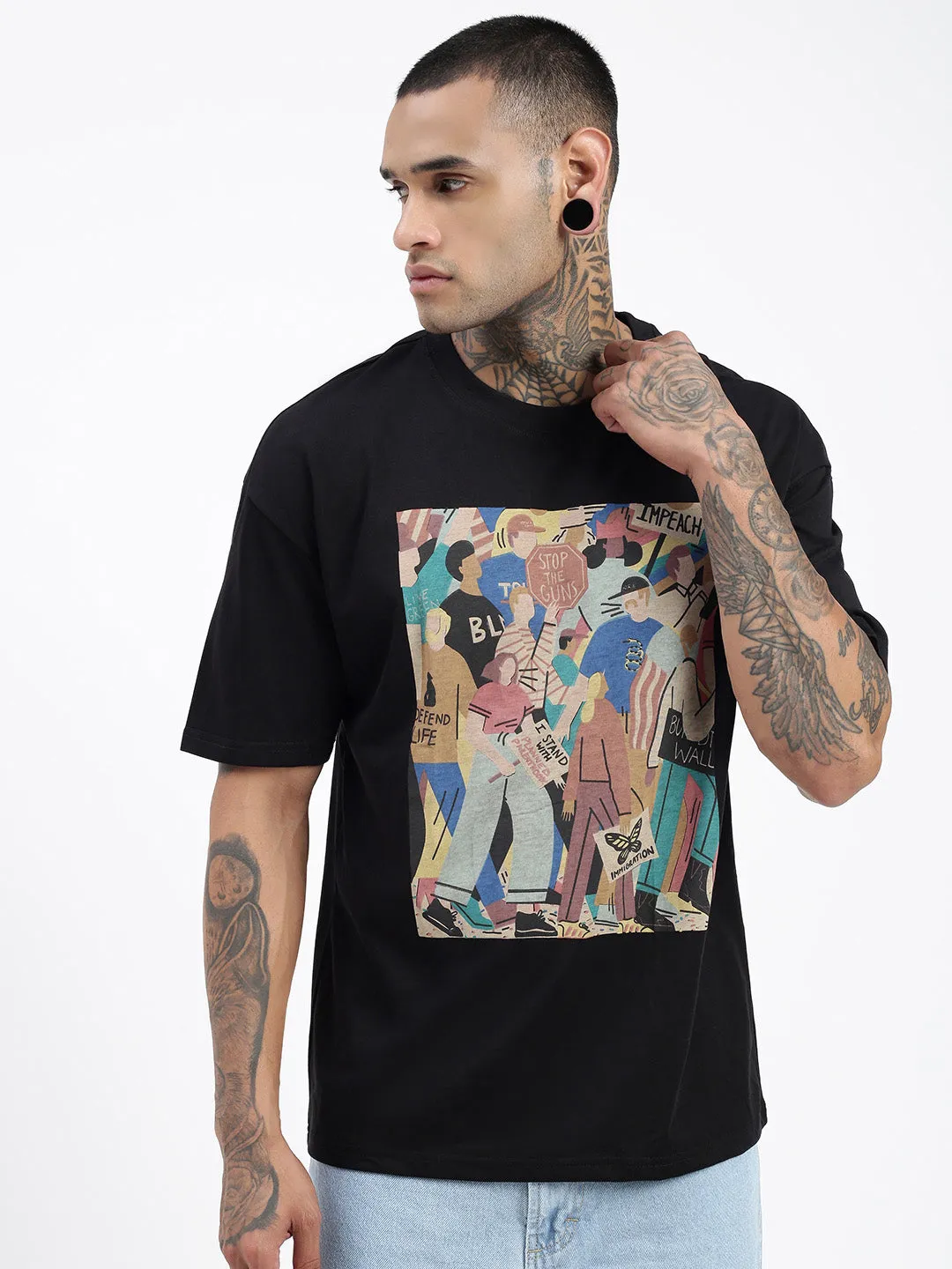 Men's Graphic Black Cotton Relaxed Fit T-Shirt Versatile Comfort Outdoor Leisure Look