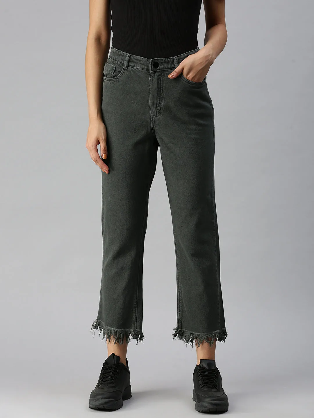 Women's Olive Relaxed Fit High-Rise Stretchable Jeans Comfy Waist