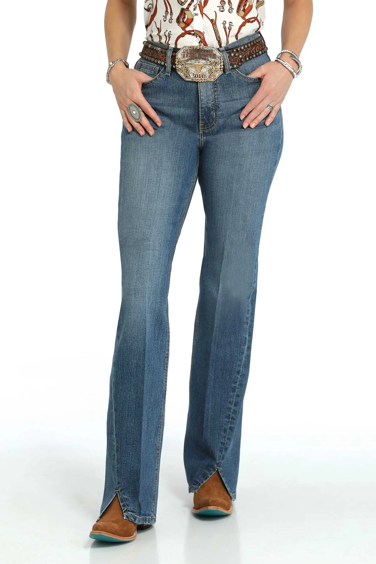 Cruel Women's Skylar High Rise Flare Jeans with Slit in Medium Stone Wash Perfect Match All Fit Style
