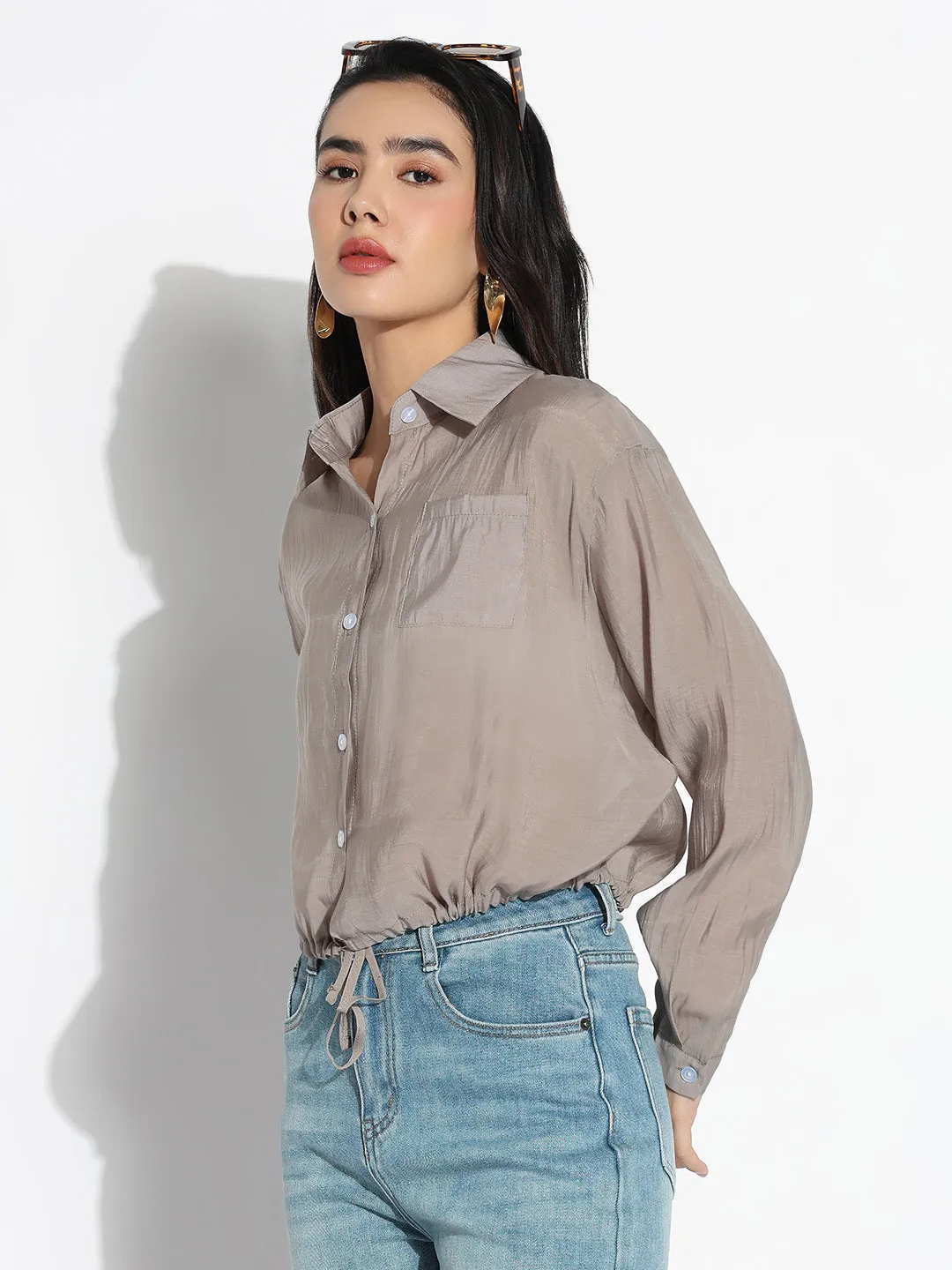 Breathable Wear Fit Women's Oversized Grey Solid Shirt with Adjustable Hem