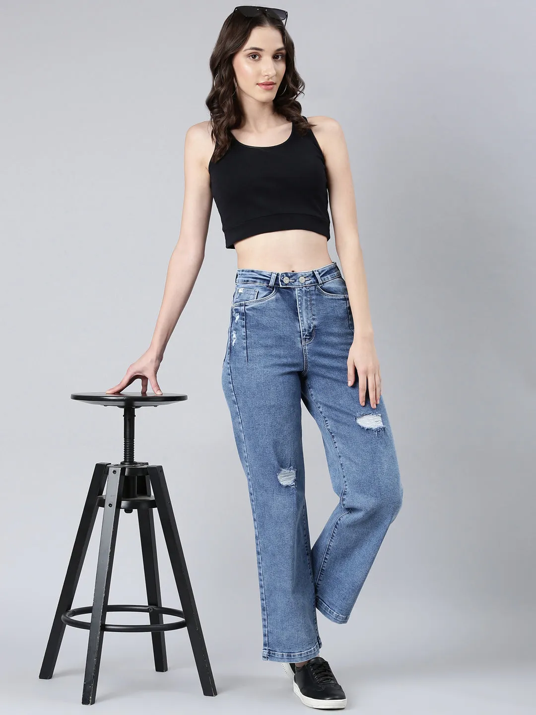 Travel Outfit Music Event Women's Blue Wide Leg Heavy Fade Acid Wash Denim Jeans
